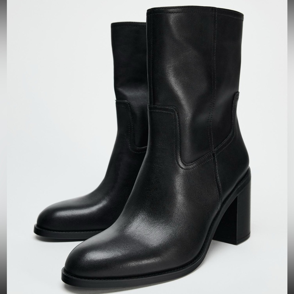 Black Genuine Leather Ankle Boots With Block Heel